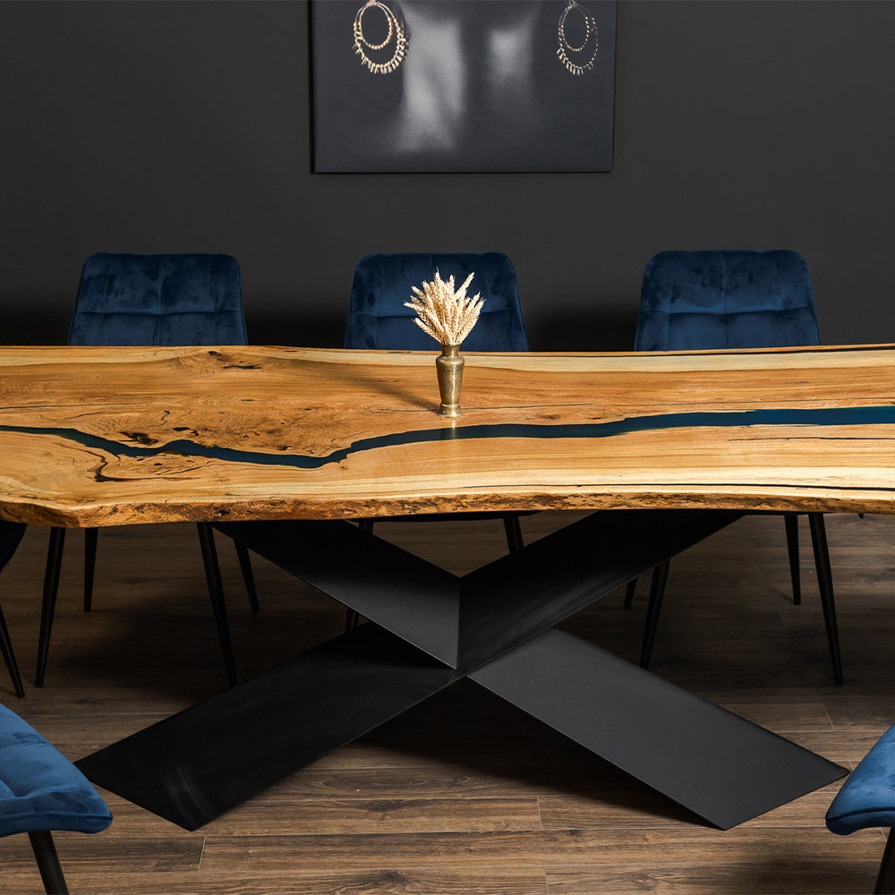 Solid Oak Single-Slab Table TITUS with Blue Epoxy Resin