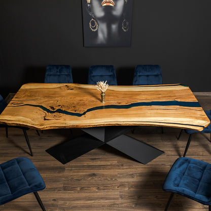 Solid Oak Single-Slab Table TITUS with Blue Epoxy Resin