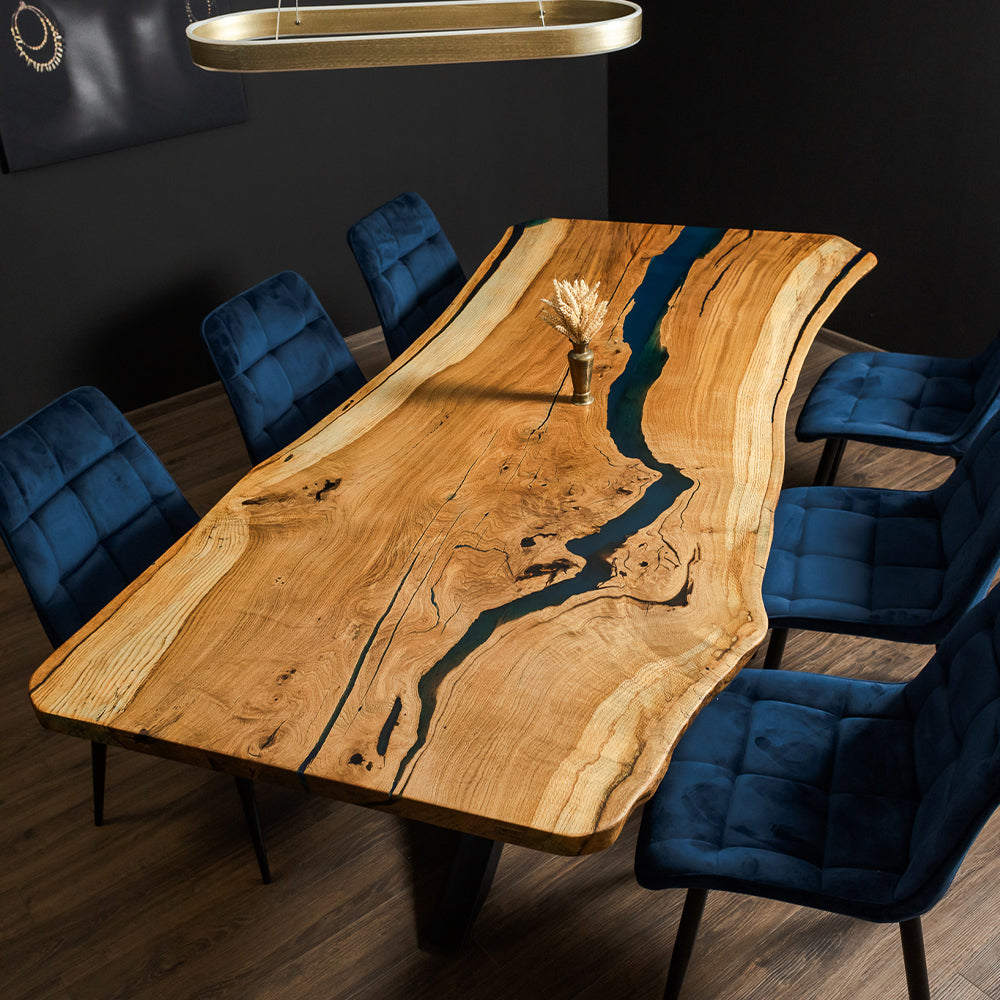 Solid Oak Single-Slab Table TITUS with Blue Epoxy Resin